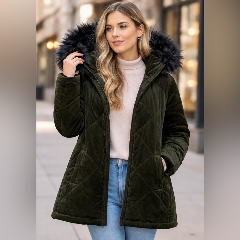 Quilted Hooded Velvet Puffer Coat in Olive Green size Medium